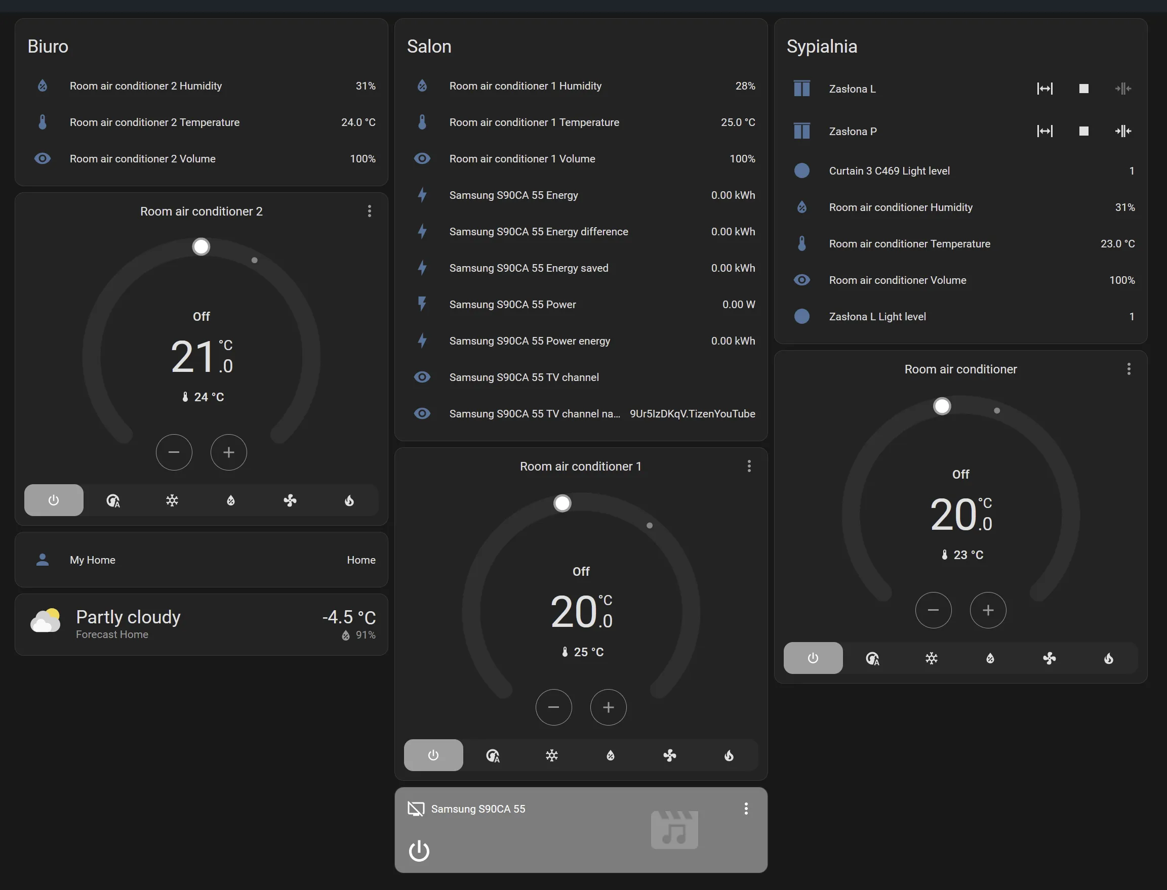 Home Assistant dashboard showing Samsung AC entities and temperature data